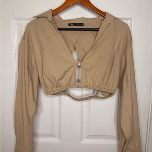 Zara Tan Notched Collar Button Down Crop Top
